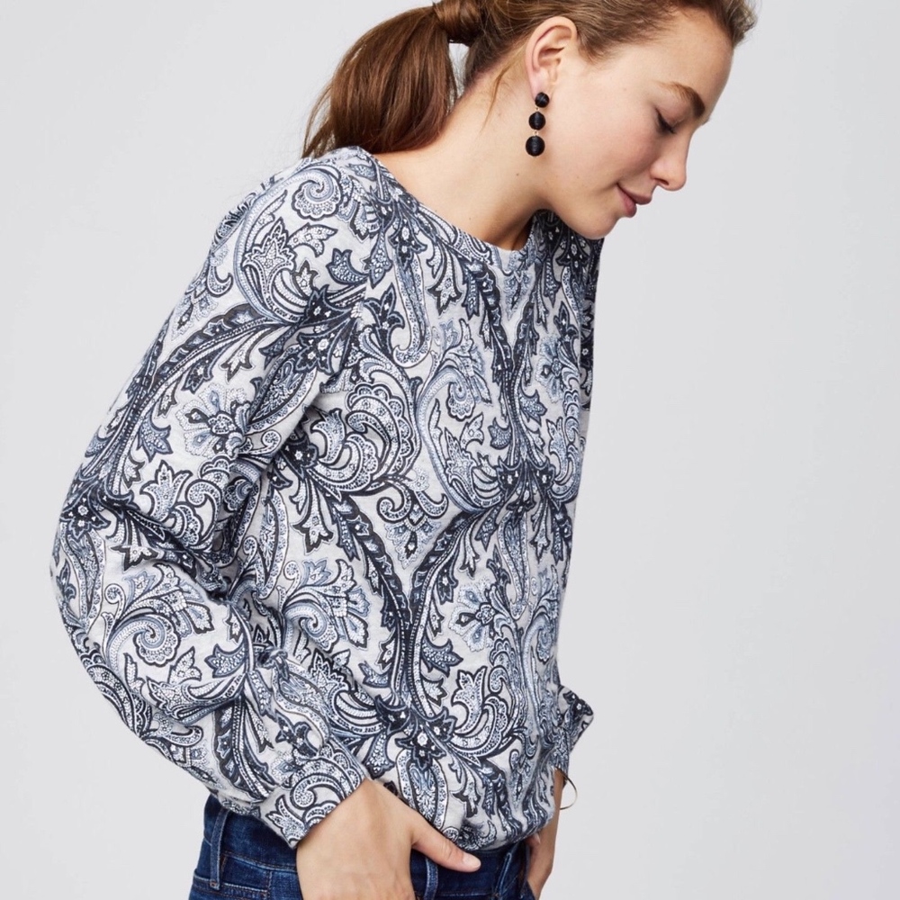 LOFT Small Paisley Sweatshirt Gray Blouson Top